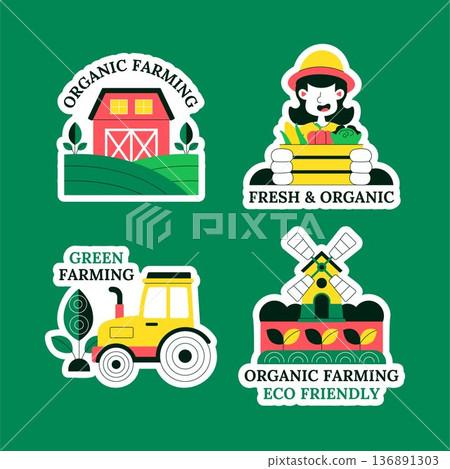 Organic Farming Process Flat Cartoon Hand Drawn Label Template 136891303