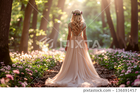 一個女孩漫步在繁花似錦的明亮森林中。 136891457