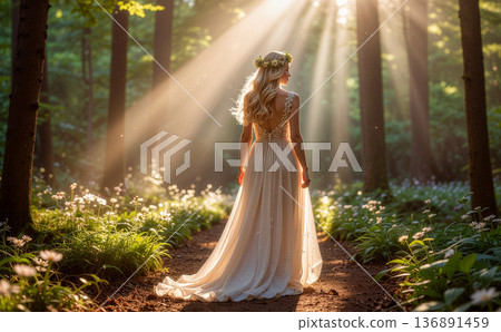 一個女孩走在花朵盛開的明亮森林裡 2 136891459