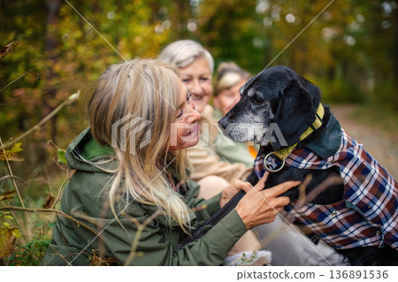 Active senior women hiking with old dog in nature. 136891536
