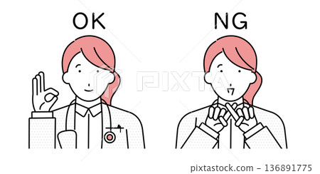 Illustration of a female doctor making a circle and cross gesture 136891775