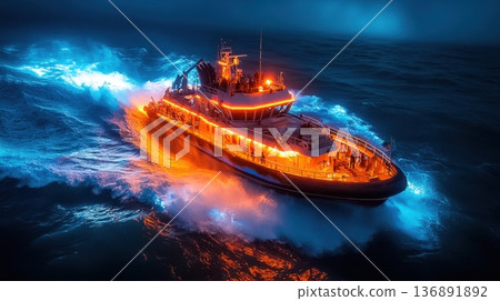 Illuminated rescue boat speeding through ocean waves Illuminated rescue boat speeding through ocean waves 136891892