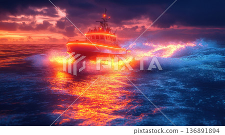 Illuminated rescue boat speeding through ocean waves Illuminated rescue boat speeding through ocean waves 136891894