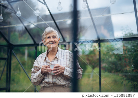 Senior woman standing in greenhouse and drinking coffee. Senior woman standing in greenhouse and drinking coffee. 136891897