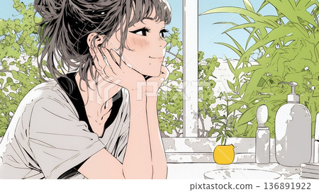 早上，一位女士在浴室洗臉。 136891922