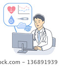 一位男醫師在遠距會診期間透過電腦檢查病患的生命徵象。 136891939