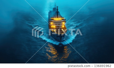 Large cargo ship sailing through misty ocean at night Large cargo ship sailing through misty ocean at night 136891962