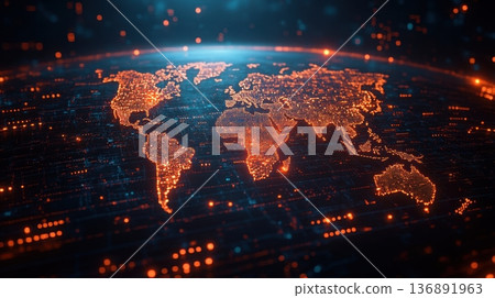 Glowing digital world map with futuristic connections Glowing digital world map with futuristic connections 136891963