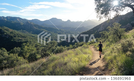 Running nature sunset green hills outdoor adventure 136891968