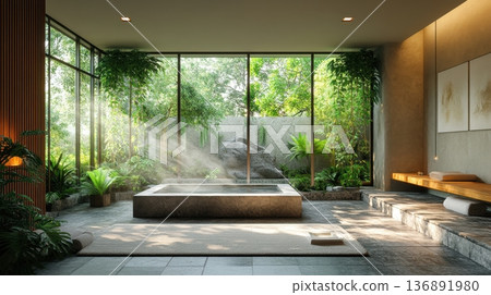 Luxurious Spa Bathroom with Natural Light and Greenery 136891980
