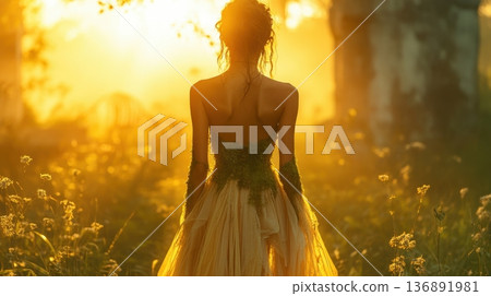 Eco Fashion Model in Nature at Sunset 136891981