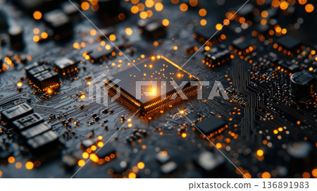 Futuristic Microprocessor on a High-Tech Circuit Board 136891983
