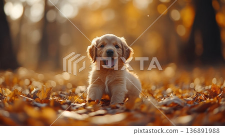 Golden Retriever Puppy Playing in Autumn Leaves 136891988