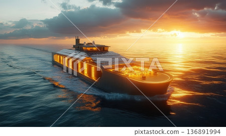 Eco-friendly solar-powered barge at sunset Eco-friendly solar-powered barge at sunset 136891994