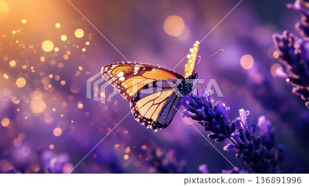 Monarch Butterfly on Lavender with Dewdrops 136891996