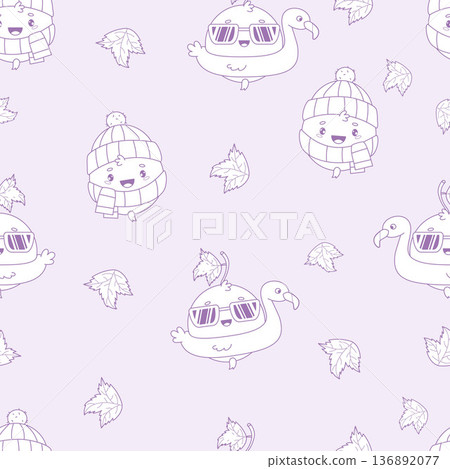 Cute Blackcurrant Character Seamless Pattern. Outline Funny Winter and Summer Berry Mascot on Light Purple Background with Leaves. Line Drawing, coloring. Vector Square illustration. Kids collection 136892077