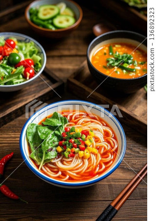 木桌上摆放的一碗特色面条 136892323