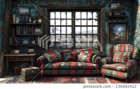 Cozy Plaid Living Room with Rustic Window and Antique Decor 136892422