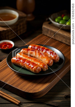 木盘上摆放的美味烤香肠 木盘上摆放的美味烤香肠 136892468