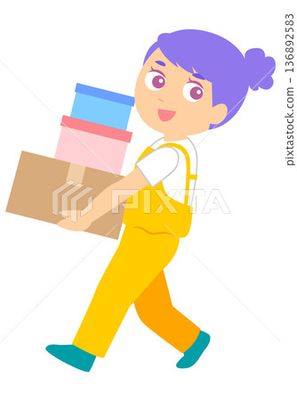 A woman carrying luggage while moving A woman carrying luggage while moving 136892583