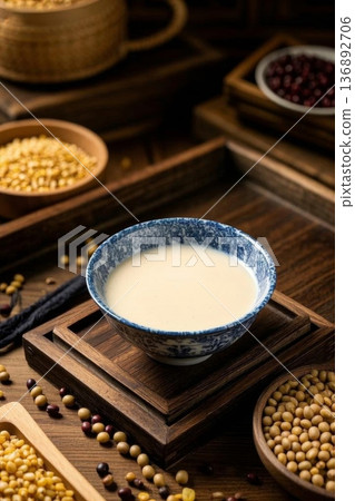 中式木桌上的碗装豆浆与杂粮 136892706