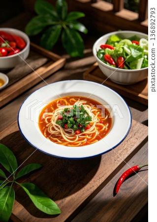 A bowl of delicious noodles on a wooden table 136892793