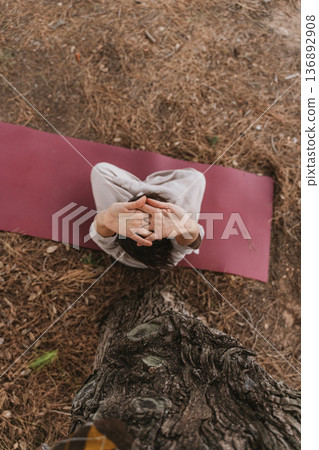 Top View of Cross-Legged Yoga Pose in Nature Top View of Cross-Legged Yoga Pose in Nature 136892908