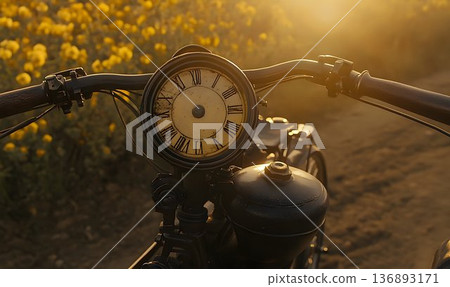 Vintage Motorcycle with Antique Clock on the Handlebar at Sunset 136893171