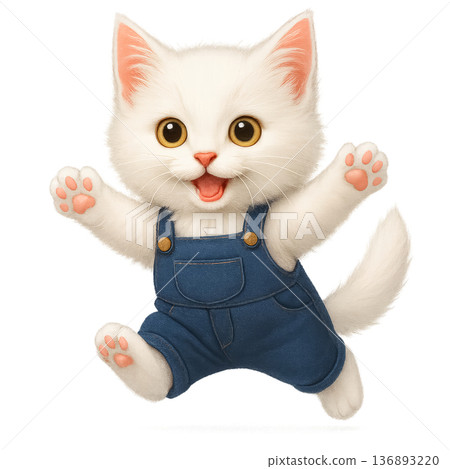 穿著藍色背帶褲的白色小貓 穿著藍色背帶褲的白色小貓 136893220