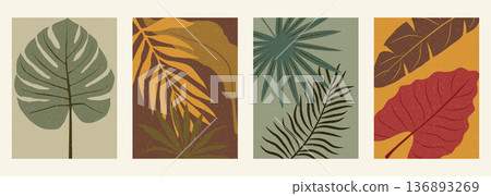 Set of four abstract tropical leaves in various colors on textured backgrounds 136893269