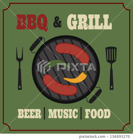 Retro barbecue poster with sausage and pepper on a grill. BBQ and grill party invitation design template. Vector illustration 136893270