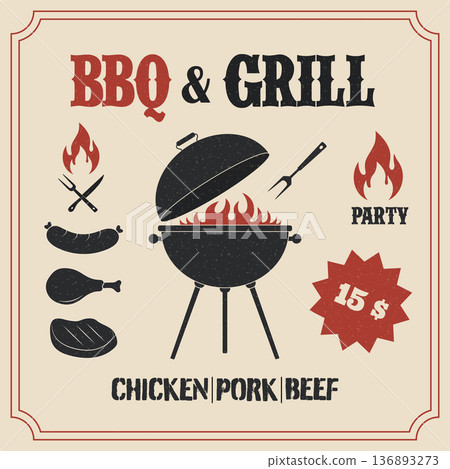 Vintage style BBQ grill with red flames, sausage, chicken leg, steak, fork, and knife Vintage style BBQ grill with red flames, sausage, chicken leg, steak, fork, and knife 136893273