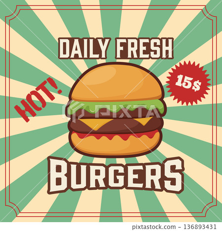 Cartoon style burger with cheese and lettuce on a retro sunburst background with text 136893431