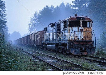廢棄的貨運列車和晨霧－人工智慧生成的影像 136893497