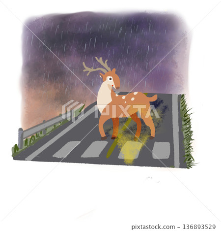 A deer looking back on a rainy night. Illustration of a mountain path with caution. A deer looking back on a rainy night. Illustration of a mountain path with caution. 136893529