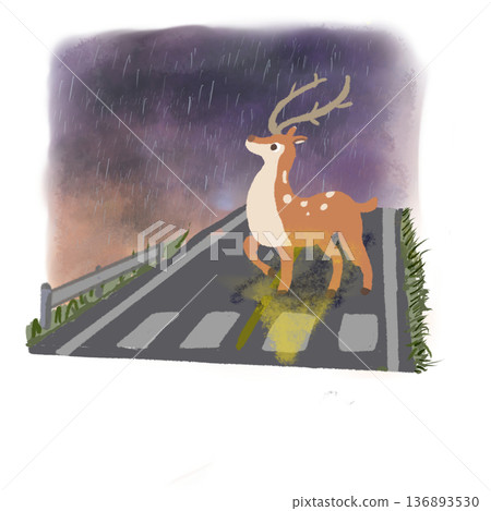 A deer looking up at the sky on a rainy mountain road - Road safety/Caution: Pedestrians running out into the distance illustration A deer looking up at the sky on a rainy mountain road - Road safety/Caution: Pedestrians running out into the distance illustration 136893530