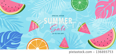 Summer Sale banner with watermelon slices citrus fruits and tropical leaves on blue background Summer Sale banner with watermelon slices citrus fruits and tropical leaves on blue background 136893753