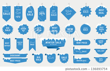 Vector set of winter sale labels and badges with snow. Includes a collection of sale, discount, and special offer labels. Vector illustration Vector set of winter sale labels and badges with snow. Includes a collection of sale, discount, and special offer labels. Vector illustration 136893754