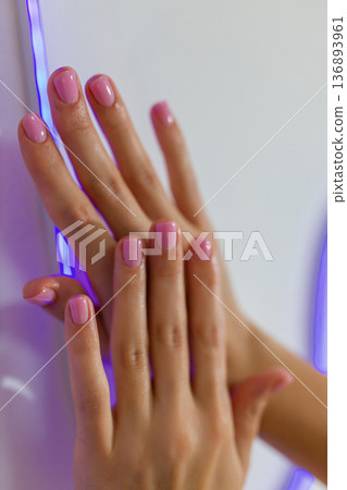 Close up of professional manicure process. Nail technician wearing gloves holding female hands with pink gel polish in beauty salon. Nail care, hygiene, spa treatment concept. 136893961