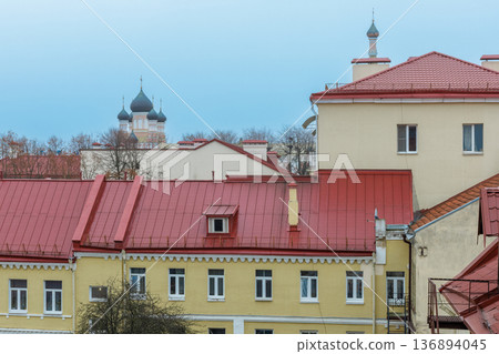 Cityscape with Red Roofs and Orthodox Church Domes Cityscape with Red Roofs and Orthodox Church Domes 136894045