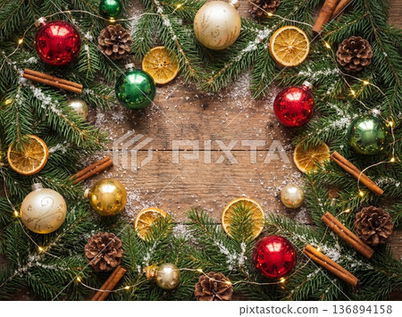 Christmas flat lay composition with ornaments and spices on wooden background 136894158