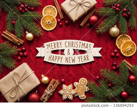 Christmas flat lay with gifts cookies and decorations on red knitted background 136894203