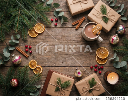 Christmas Flat Lay with Gifts Hot Cocoa and Decorations on Wooden Table 136894210