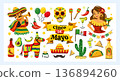 Cinco de Mayo festive clipart set with Mexican party elements sombrero, maracas, skull, cactus, chili pepper, tacos, pinata, flags, cocktails, guitar and decorations. Vector illustration. 136894260