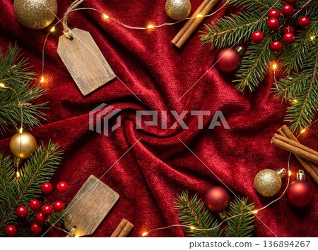 Christmas red velvet background with fir branches and festive decorations 136894267