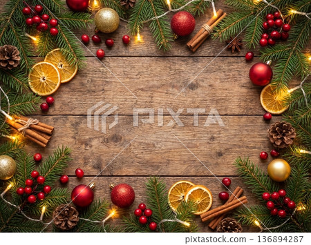 Christmas background with wooden texture and festive decoration frame 136894287