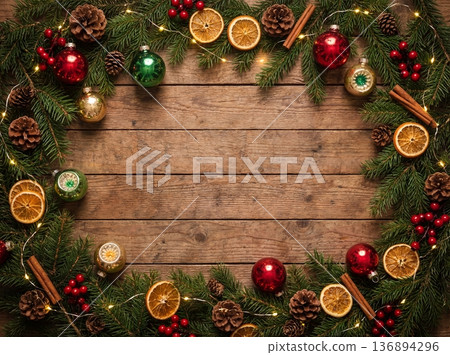 Christmas flat lay background with pine wreath and festive ornaments on wood 136894296