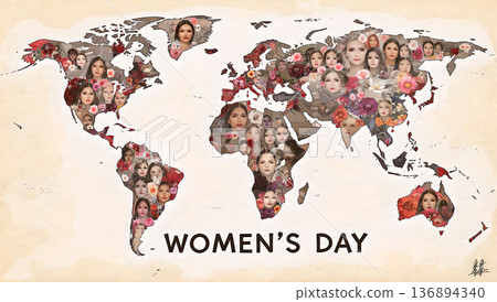 World map collage celebrating International Women's Day with diverse female faces and floral decorations. Ideal for social media. 136894340