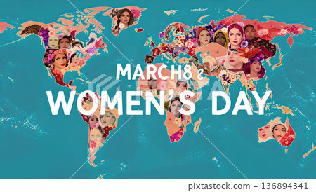 A vibrant world map celebrating International Women's Day on March 8th, featuring diverse women's faces. A vibrant world map celebrating International Women's Day on March 8th, featuring diverse women's faces. 136894341