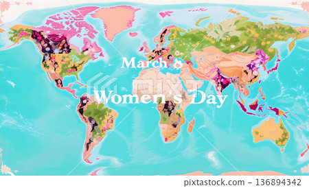 World map celebrating International Women's Day on March 8th. Global solidarity and women's empowerment concept. 136894342